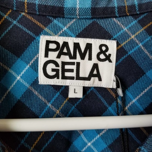 NWT Pam & Gela Tie Back Plaid Blue Tartan Tunic Shirt L - Picture 4 of 8